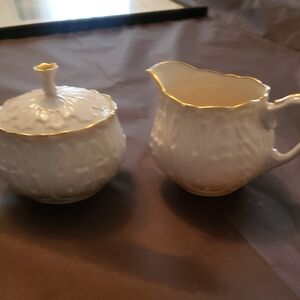 Elegant White and Gold Porcelain Creamer and Sugar Set
